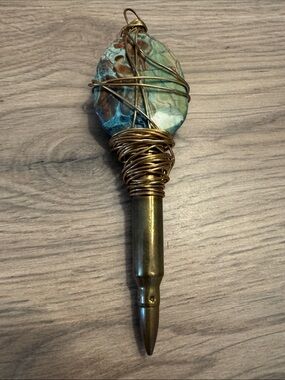 Wire-Wrapped Iridescent Blue-Green Stone Pendant with Gold Wire